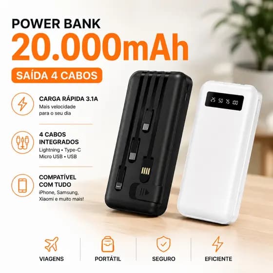 Carregador Power Bank Portátil 20000mah Universal Saida 4 Cabos FLUX