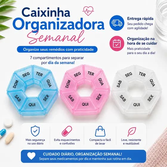 Caixinha Organizadora de Remédio Semanal Porta Comprimidos 7 Dias Compacta Bolsa Viagem