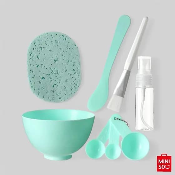 Kit Skincare 8 Peças Miniso – Tigela, Espátula, Colher, Pincel e Frascos Roxos para Cuidados Faciais