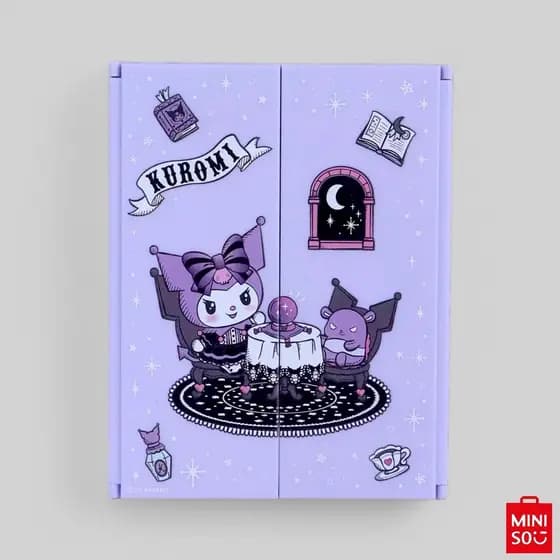 Espelho Triplo Sanrio Kuromi Miniso – Portátil, Dobrável e com Base de Apoio para Maquiagem e Viagem