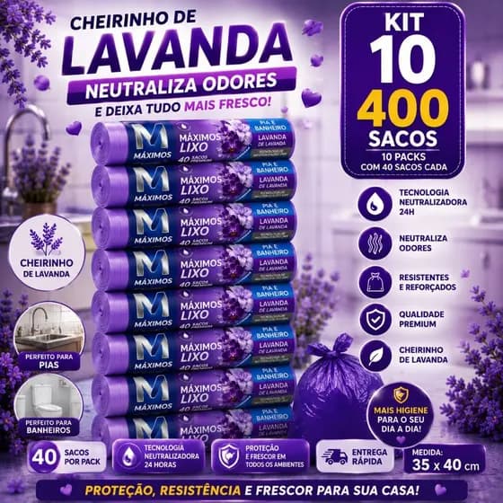 Kit 10 pack Sacos de Lixo Perfumados Lavanda 10 L | 400 Sacos | Pia e Banheiro | 35x40cm | Neutraliza Odores