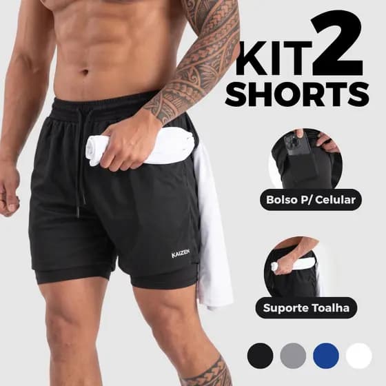 kit 2 Shorts 2 em 1 kaizen sports para treinar bermuda dupla fitnes esporte fitnes MOVE FIT