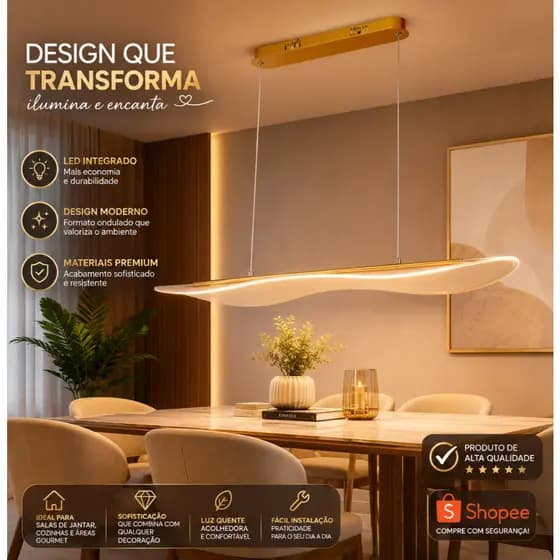 Luminária Pendente LED Dourada 100cm Design Ondulado Luxo Sala Jantar Bivolt