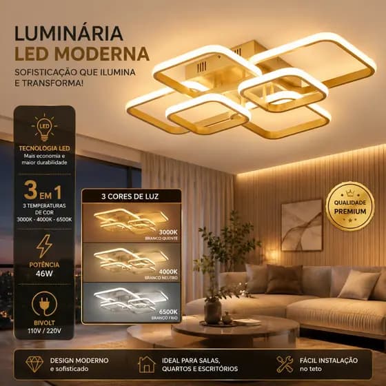 Plafon LED Quadrado Dourado Premium 46W | Iluminação Moderna com 3 Cores de Luz