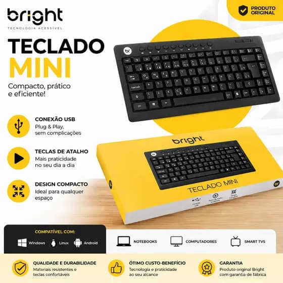 Teclado Mini Bright USB Compacto Multimídia Plug & Play para PC Notebook