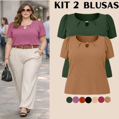 KIT 2 BLUSA PLUS SIZE FEMININA SOCIAL ESTILOSA ELEGANTE BLUSAS FEMININAS CONFORTAVEL BASICA BLUSINHA FEMININO FRESQUINHA