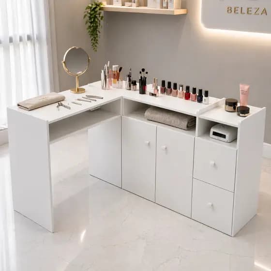 Mesa de Manicure L Completa 4 Portas Salão Estética Unha Gel Cabeleireiro