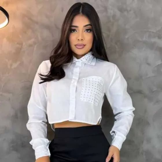 Camisa Cropped De Brilho com Manga Comprida Colarinho e Bolso Com STRASS Moda Country