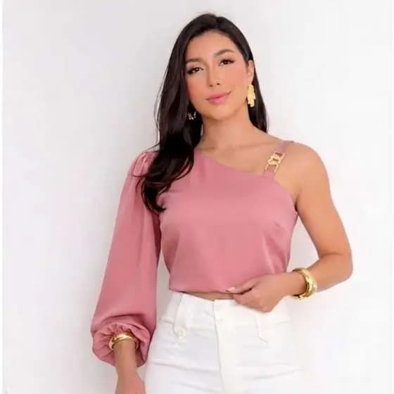 Camisa Cropped Nula Manga Detalhe de Strass Elegante Social Natal Branco