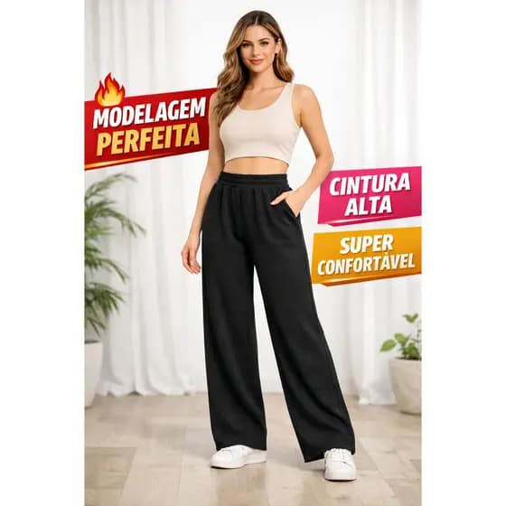 Calça Wide Leg Feminina Pantalona Cintura Alta Moletom Elastano Soltinha Confortável Básica Casual Trabalho