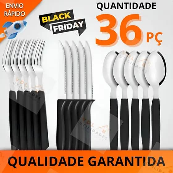 Kit Jogo de Talheres Cabo Preto 36 peças Aço Inox 12 Facas 12 Garfos de Mesa 12 Colheres Restaurante