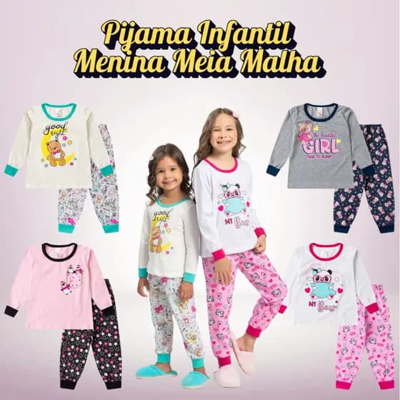 Pijama Infantil Inverno Meia Malha Menina Estampas Diversas Tamanho 1 ao 8