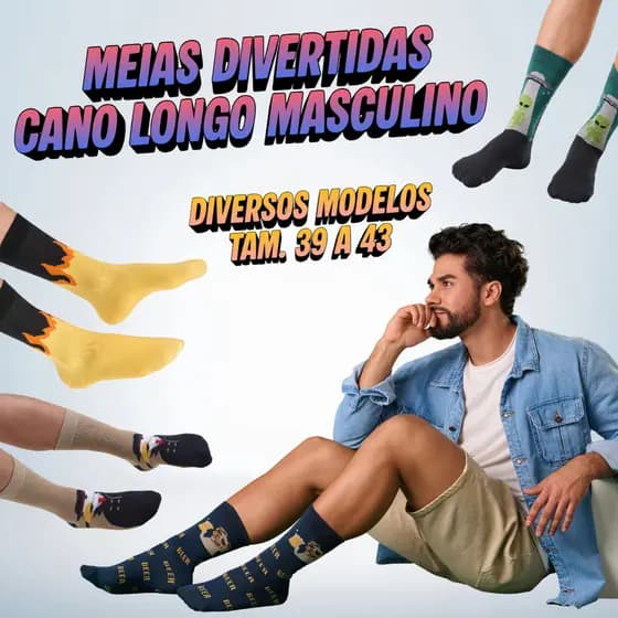 Meia Casual Cano Longo Divertida Masculino - Tamanho 39 ao 43