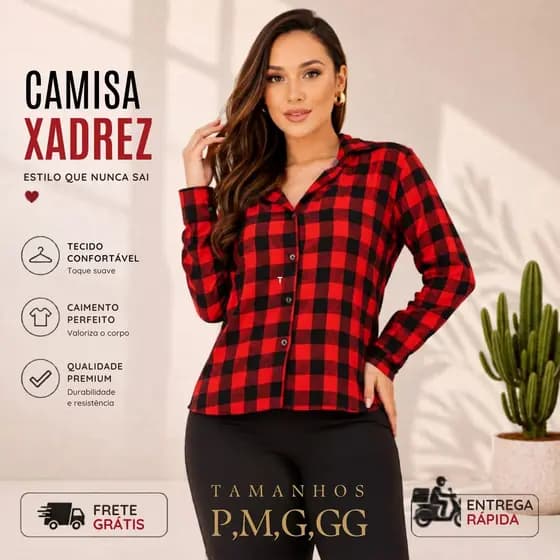 BLUSA CAMISA FEMININA XADREZ MANGA LONGA TECIDO CREPINHO COM BOTÕES