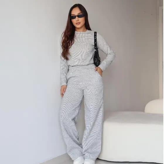 Conjunto Feminino Inverno Confortável Malha Riby Premium Look Casual Elegante Manga Longa Calça Solta Com Bolso