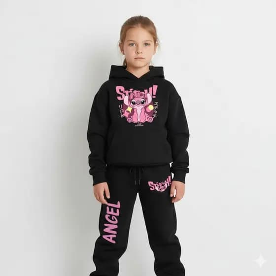 Conjunto Moletom Tradicional Infantil Inverno Blusa Canguru E Calça Moletom Lilo Stitch Angel Rosa
