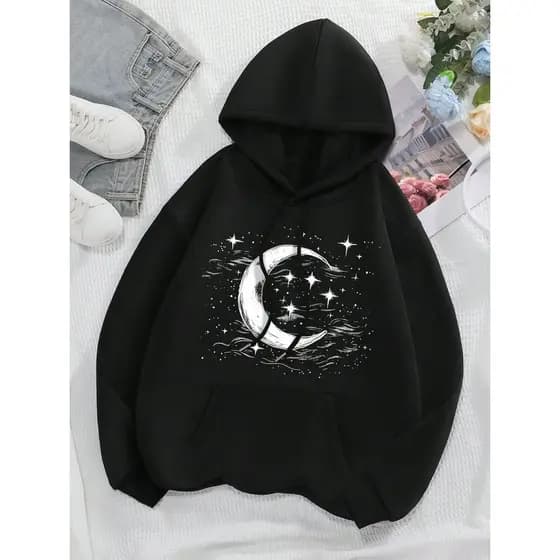 Blusa Moletom Candy Estampa Mística Lua Céu Estrelado Com Bolso E Capuz Casaco De Frio Feminino