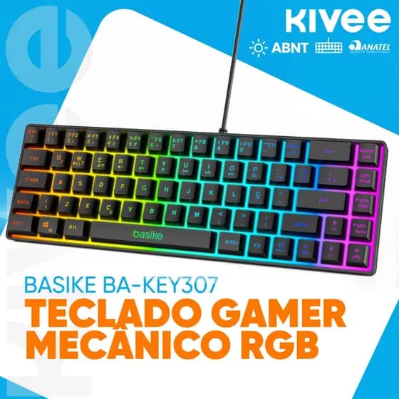 Kivee X Basike Teclado Gamer Mini Compacto de 60% Iluminação RGB Com Fio Layout ABNT2 Conexão USB-C KEY307
