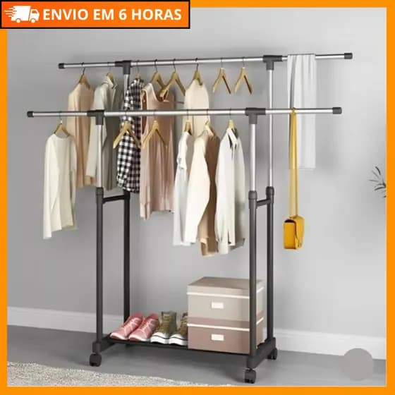 Arara Dupla de Roupa em Aço Inox Cabideiro Sapateira Quarto Resistente com Rodinha Multiuso Mais de 30 Cabides