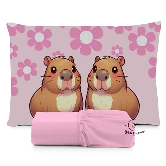 JOGO DE LENÇOL SOLTEIRO INFANTIL FRONHA DE TRAVESSEIRO CAPIVARA FOFO CORAÇÃO ,FLOR,LENÇOL DE ELASTICO