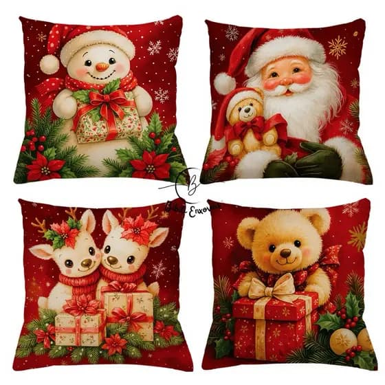 KIT 4 CAPAS DE ALMOFADAS DECORATIVAS NATAL PAPAI NOEL RENA - TAMANHO 45X45