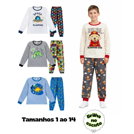 Kit 2 Pijamas Infantil Masculino Brilha no Escuro 1 ao 14 Algodão Confortável Menino
