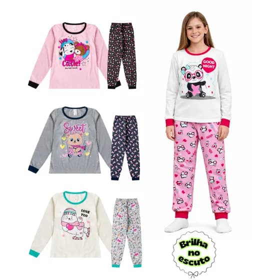 Kit 2 Pijama Juvenil Feminino Estampado Meia Malha Brilha no Escuro Menina