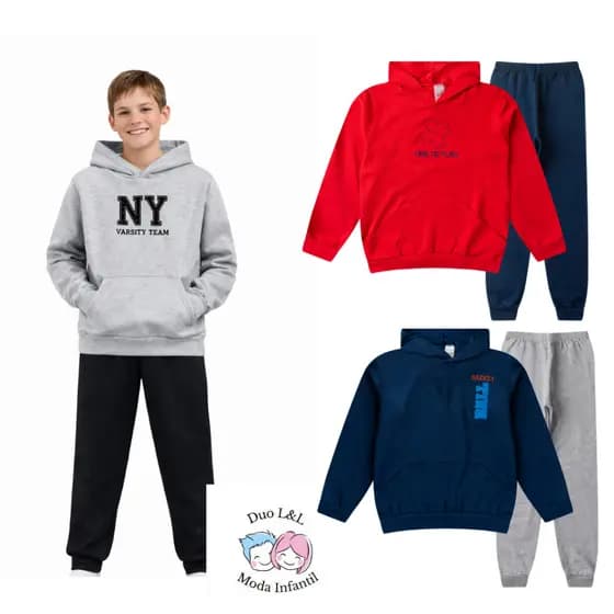 Kit 3 Conjuntos Moletom Juvenil Masculino Inverno Menino Blusão com Capuz + Calça Quente 6 Peças