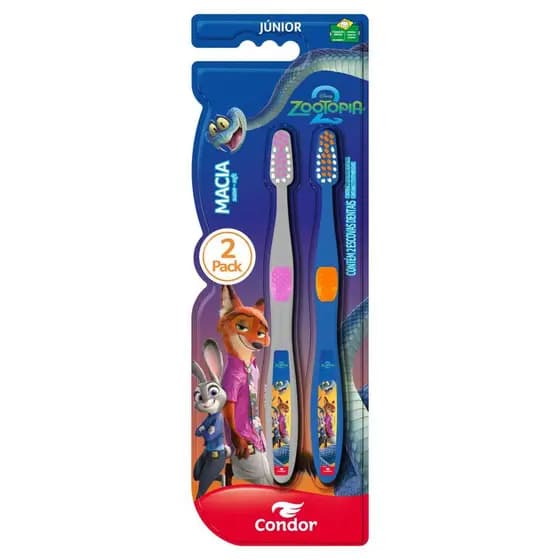 Condor - Escova Dental Zootopia - Infantil Macia, Júnior, 2 Unidades -Cerdas Suaves Higiene Completa