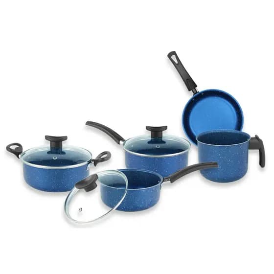 Conjunto Kit Jogo de Panelas Antiaderente 8 Peças Elegan Prime Tampa Vidro Saida Vapor Cor Azul Galaxia