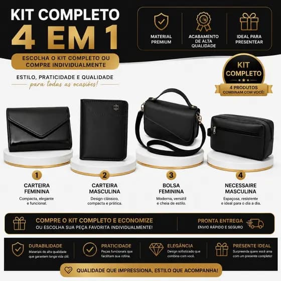 KIT 4 PEÇAS PREMIUM | CARTEIRA FEMININA + CARTEIRA MASCULINA + BOLSA FEMININA + NECESSAIRE