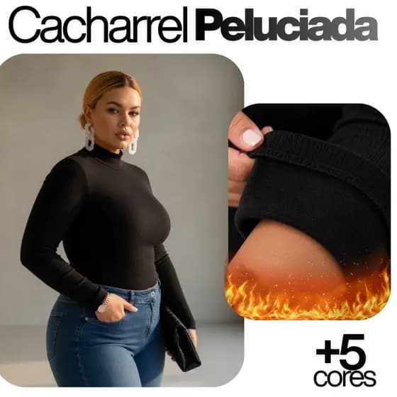 Blusa Cacharrel Plus Size Peluciada Manga Longa Malha Canelada Até G2
