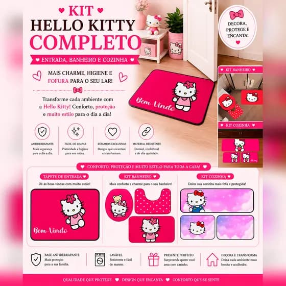 Tapete de Entrada e Kit de Tapetes Hello Kitty – Cozinha, Entrada, Quarto e Banheiro Antiderrapante