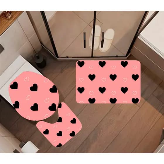 Jogo de Tapete de Banheiro Antiderrapante Coração Preto Fundo Rosa (job 141)