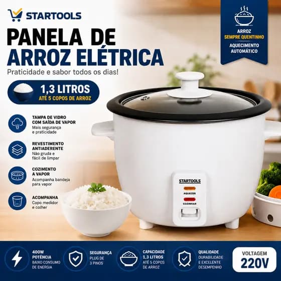 Panela de Arroz Elétrica 1,3L Com Bandeja Vapor Antiaderente Aquecimento Automático 220V