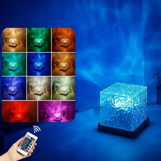 Abajur Quarto Luminária Led De Mesa Projetora Ondas Do Mar Touch Luz Noturna Com Controle 16 Cores