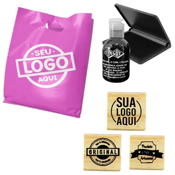 Kit com 3 Carimbos Personalizados para Sacola Plástica e Isopor Tecido Com a Sua Logo Almofada e Tinta