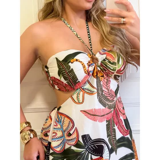 Vestido femenino Longo Estampado com Bojo