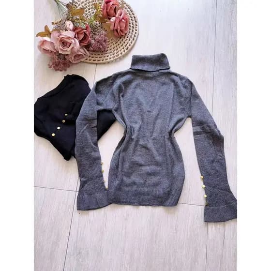 Kits 2pcs blusa tricô cacharrel #MX1-25 com botão gola alto para inverno moda feminina