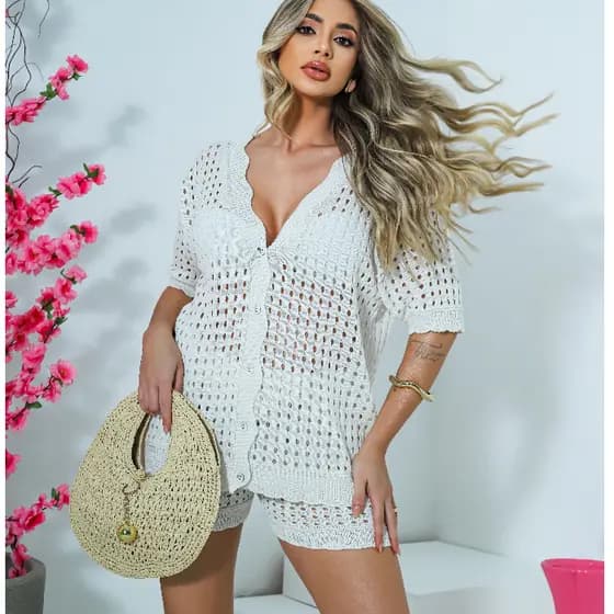 Conjunto Saída de Praia Feminino Shorts e Camisa Tricot Aberta Elegante Roupa Praia Verão Estilosa