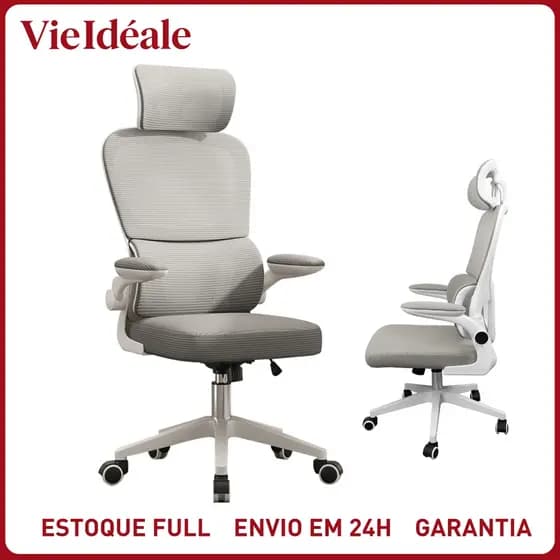 Cadeira de Escritório Ergonômica Com Apoio Lombar e Apoio de Cabeça Cinza com estofado de mesh