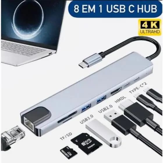 Hub Tipo-c 8 Em 1 Com Saída Hdmi Usb 3.0