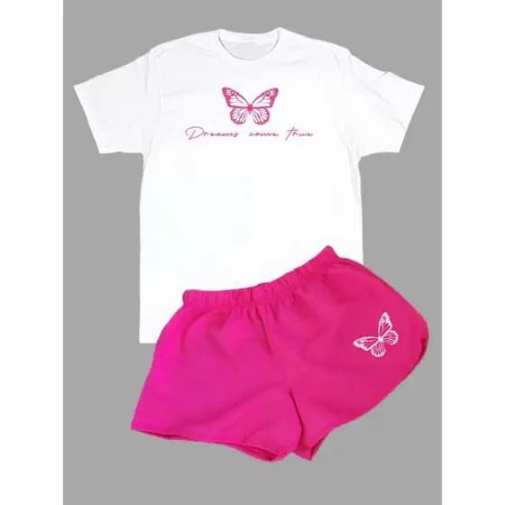 Conjuntinho Academia, camiseta algodão e short tactel, academia, verão, musculação, estampa borboleta 'dreams 2 pçs
