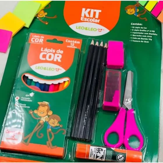 Kit material escolar completo 12 lapis de cor + 4 lapis pretos + Apontador + Tesoura + Borracha + Cola bastão 20 Peças L