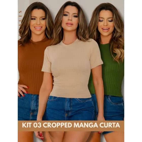 KIT 03 Cropped Camiseta Manga Curta Justa Feminina Texturizado Blusa Modela o Corpo
