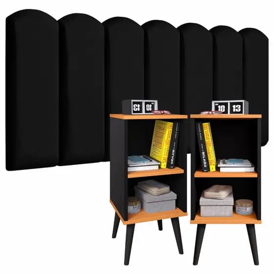 Conjunto Quarto Kit 2 Mesa de Cabeceira Charme + Cabeceira Modular Nuvem 7 Módulos Auto Colante