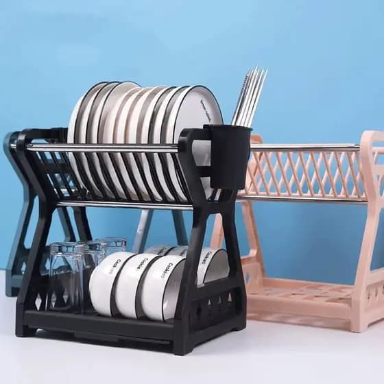 Escorredor de pratos duplo multifuncional, suporte para armazenamento de cozinha