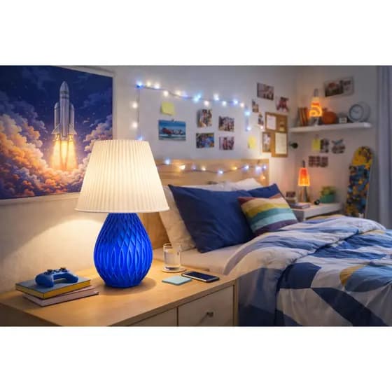Abajur Wave Azul – Abajur Decorativo Moderno 3D para Quarto e Sala - Azul e Branco