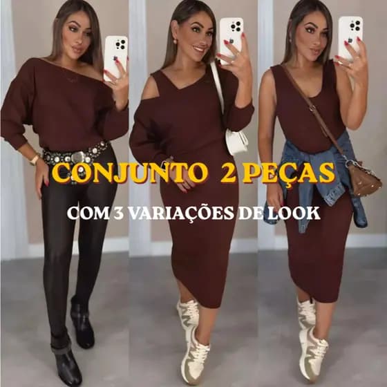 Conjunto Feminino de 2 peças Vestido Midi + Blusa Manga 3/4 Feito em Tecido Ribana