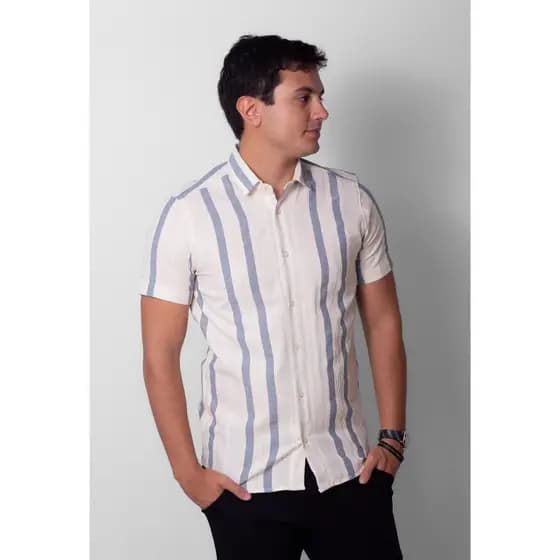 Camisa Social Manga Curta Masculina Viscolinho Listrada